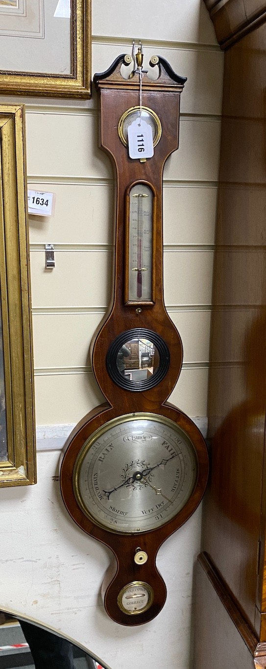 An early 19th century mahogany wheel barometer with bone insets, height 95cm